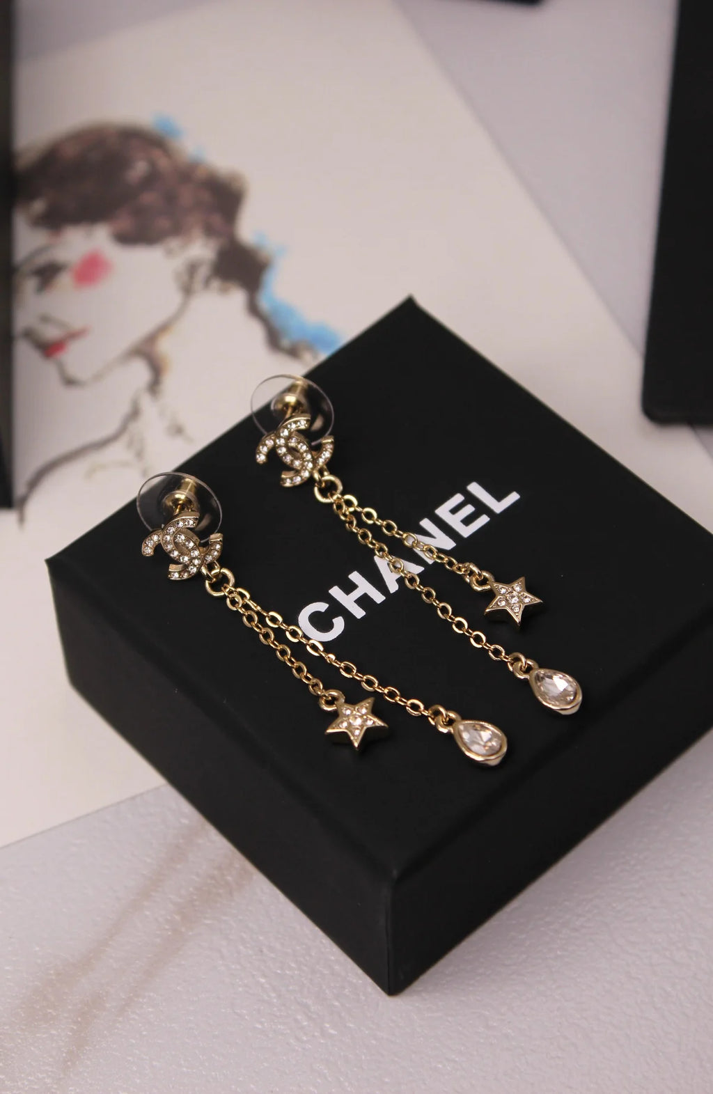 Chanel Crystal CC Star & Tear-Drop Charm Necklace & Earrings Set
