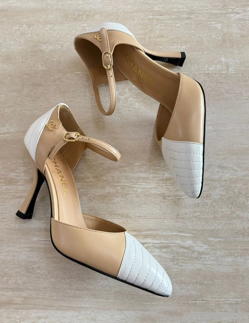 Chanel Chevron-Stitched Two-Tone Mary Jane Pumps