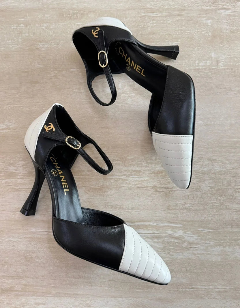 Chanel Chevron-Stitched Two-Tone Mary Jane Pumps
