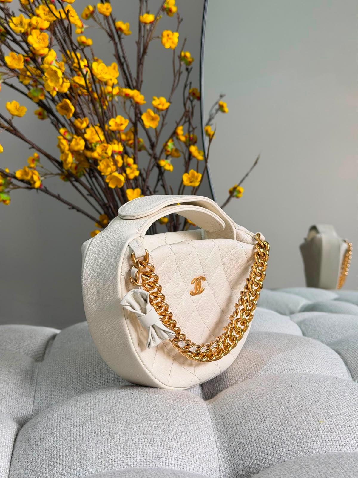 Chanel Double Chain Bow Pouch Quilted Caviar Mini Hobo Bag