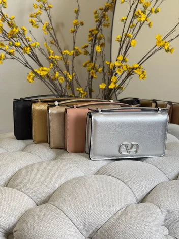 Valentino Garavani VLogo Signature Metallic Grainy Calfskin Wallet with Chain
