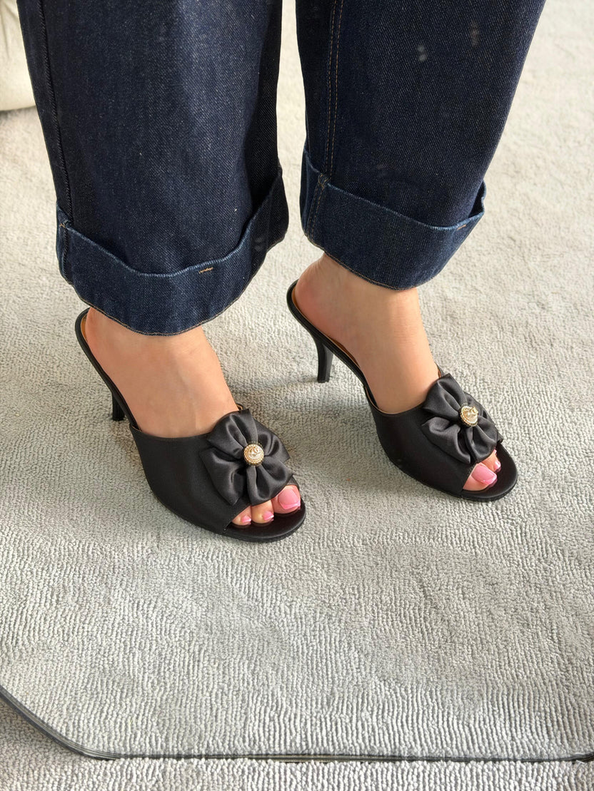 Chanel Satin Pearl Bow Mules