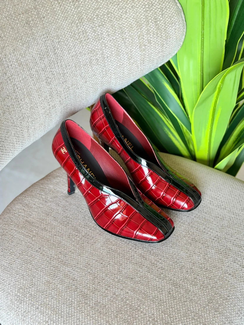 Chanel V-Cut Crocodile Embossed & Patent Calfskin Pumps