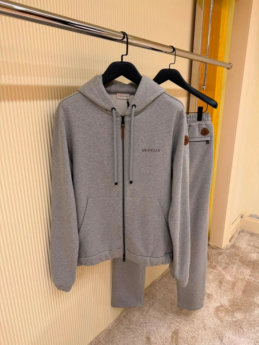 Moncler Leather Logo Zip-Up Hoodie and Sweatpants Tracksuit