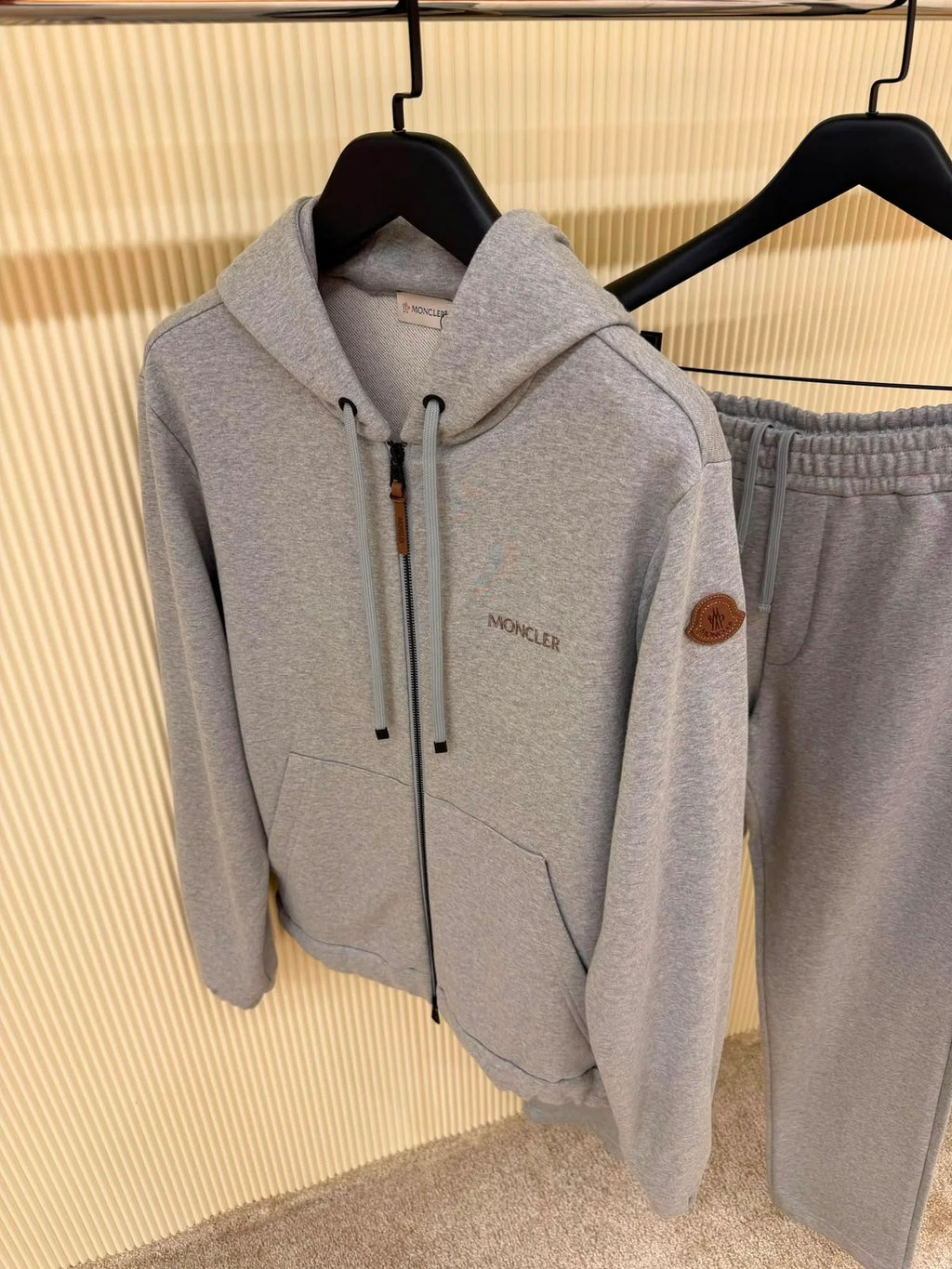 Moncler Leather Logo Zip-Up Hoodie and Sweatpants Tracksuit