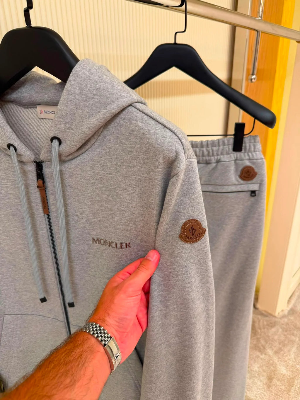 Moncler Leather Logo Zip-Up Hoodie and Sweatpants Tracksuit