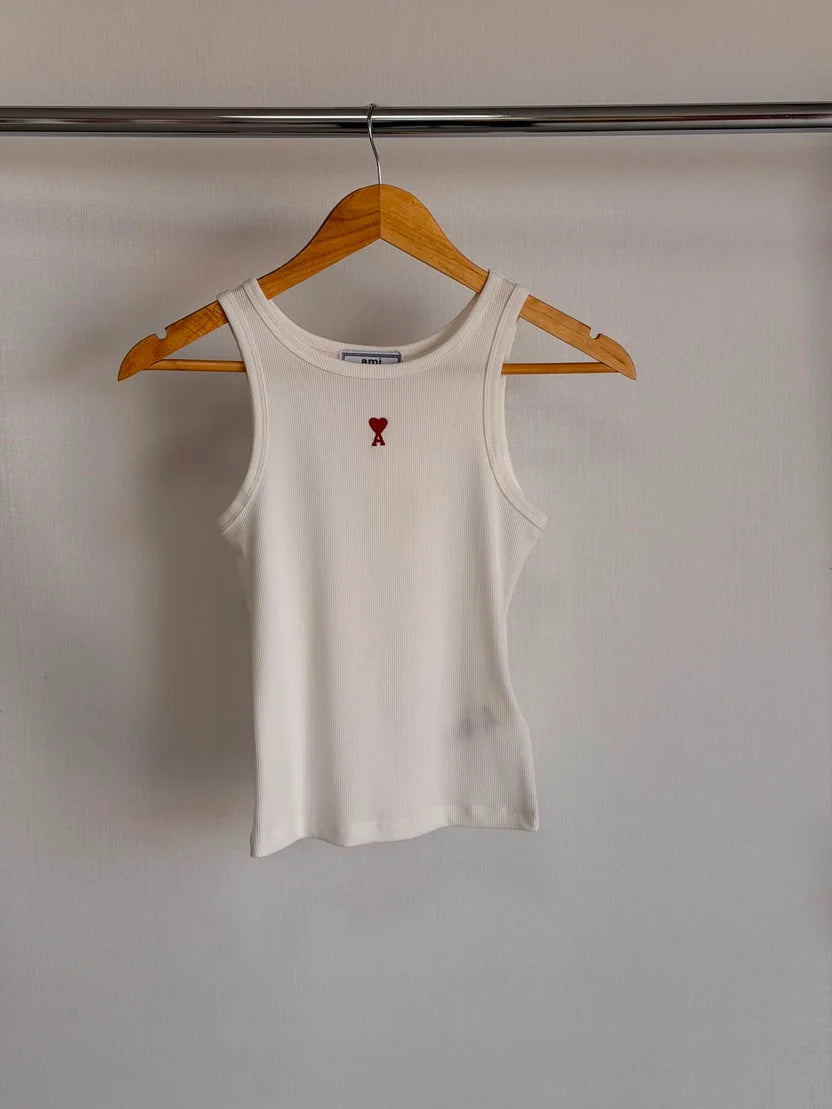Ami Paris White Cotton Ami de Coeur Tank Top