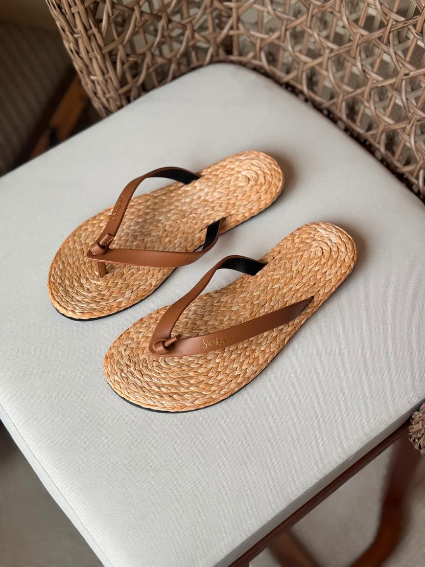 Saint Laurent Pool Knotted Leather and Raffia Flip-Flops