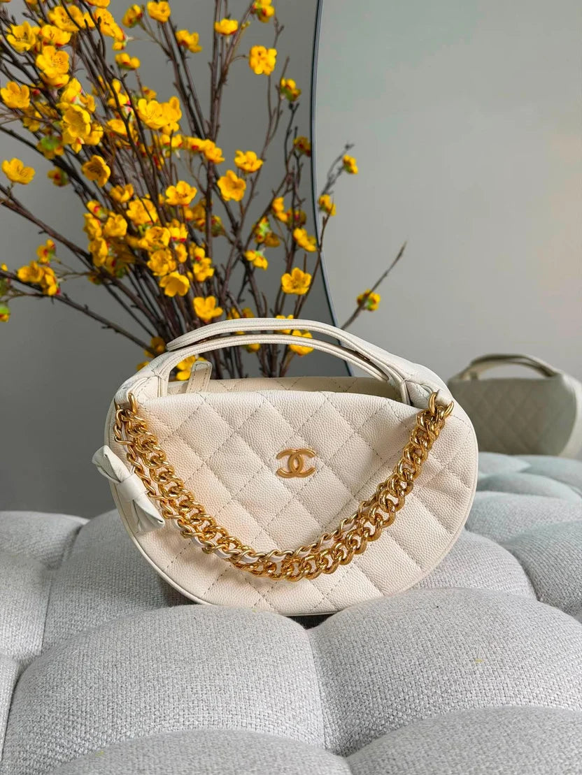 Chanel Double Chain Bow Pouch Quilted Caviar Mini Hobo Bag