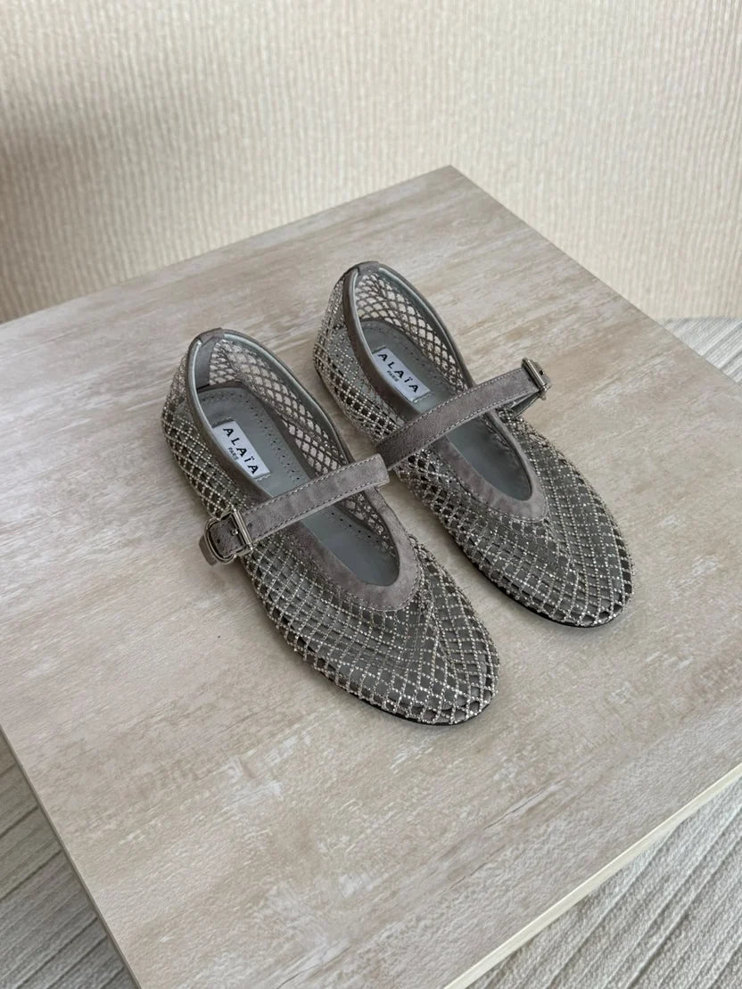 Alaia Fishnet Ballet Flats in Crystal Mesh