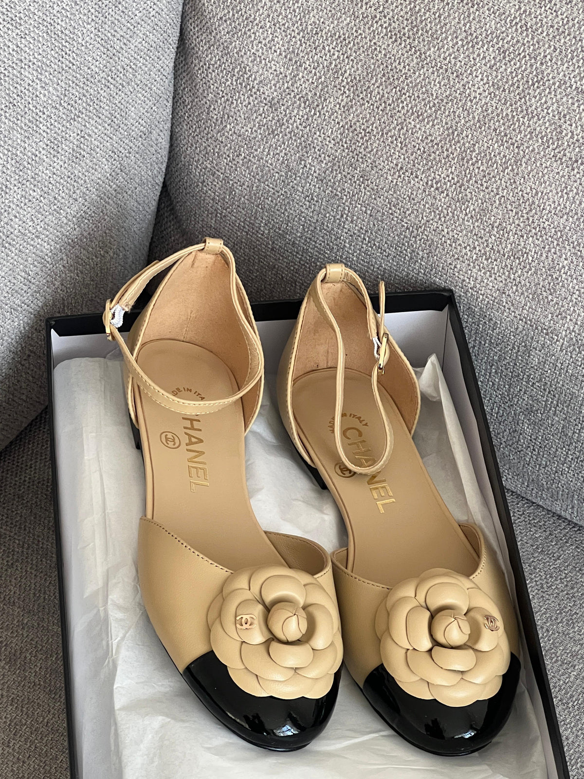 Chanel Lambskin Patent Calfskin Cap Toe Camellia Mary Jane Flats