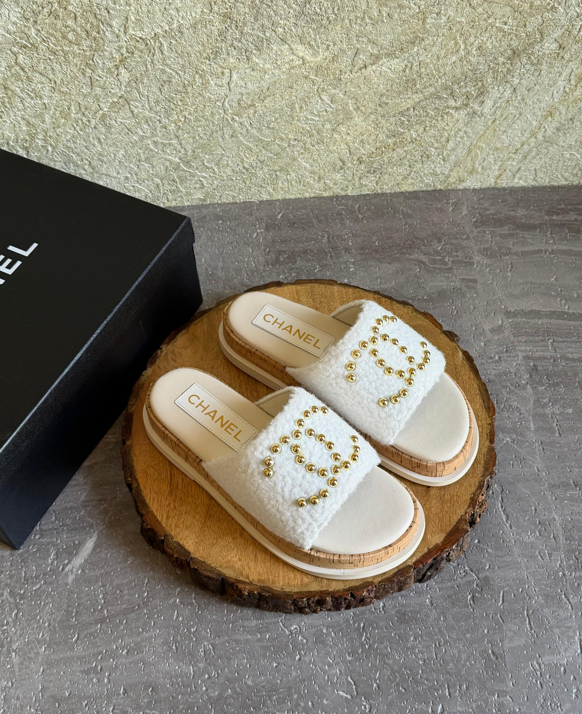 Chanel White Terrycloth Slide Sandal