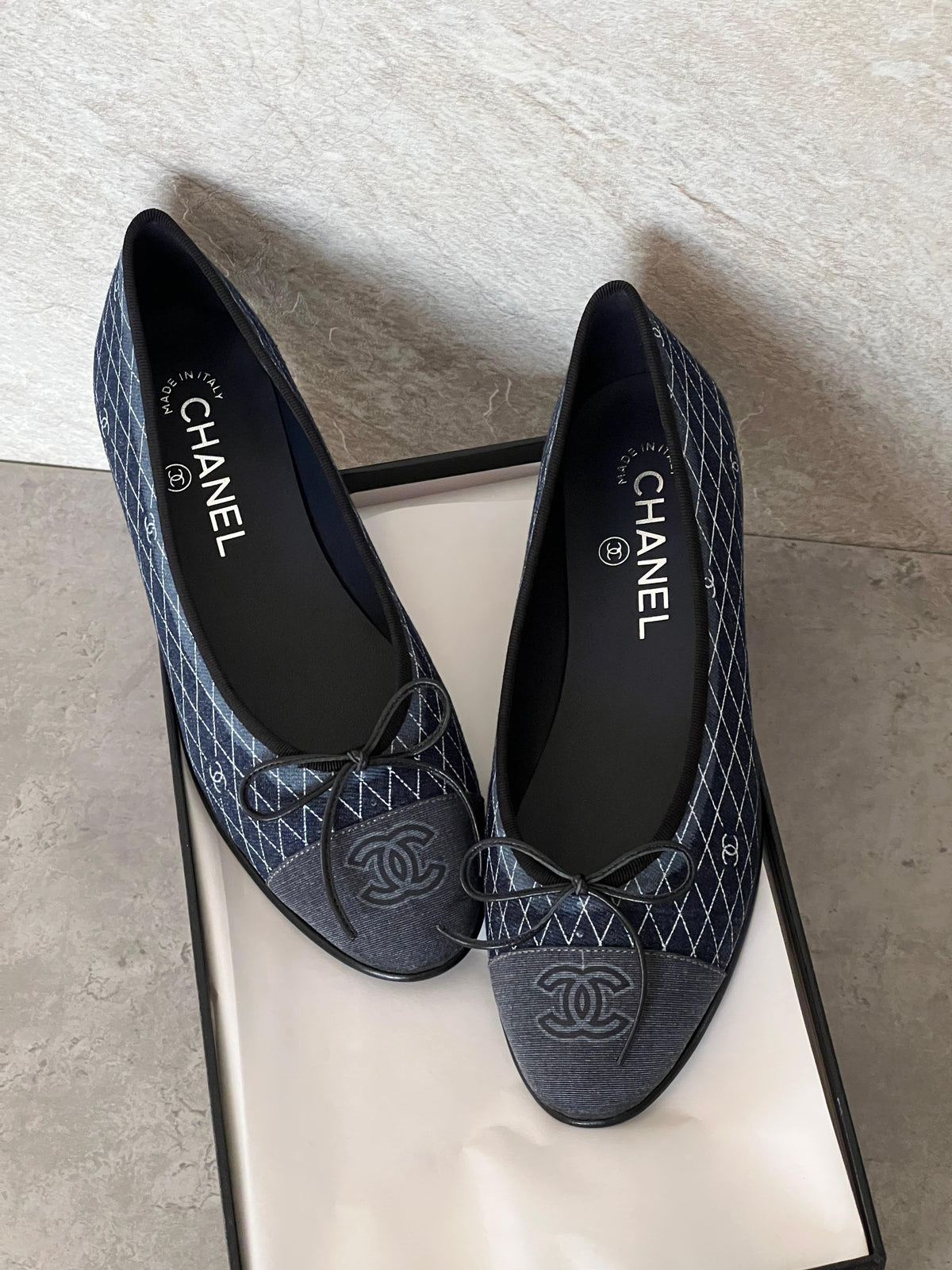 Chanel Denim Printed Quilt CC Cap Toe Ballerina Flat