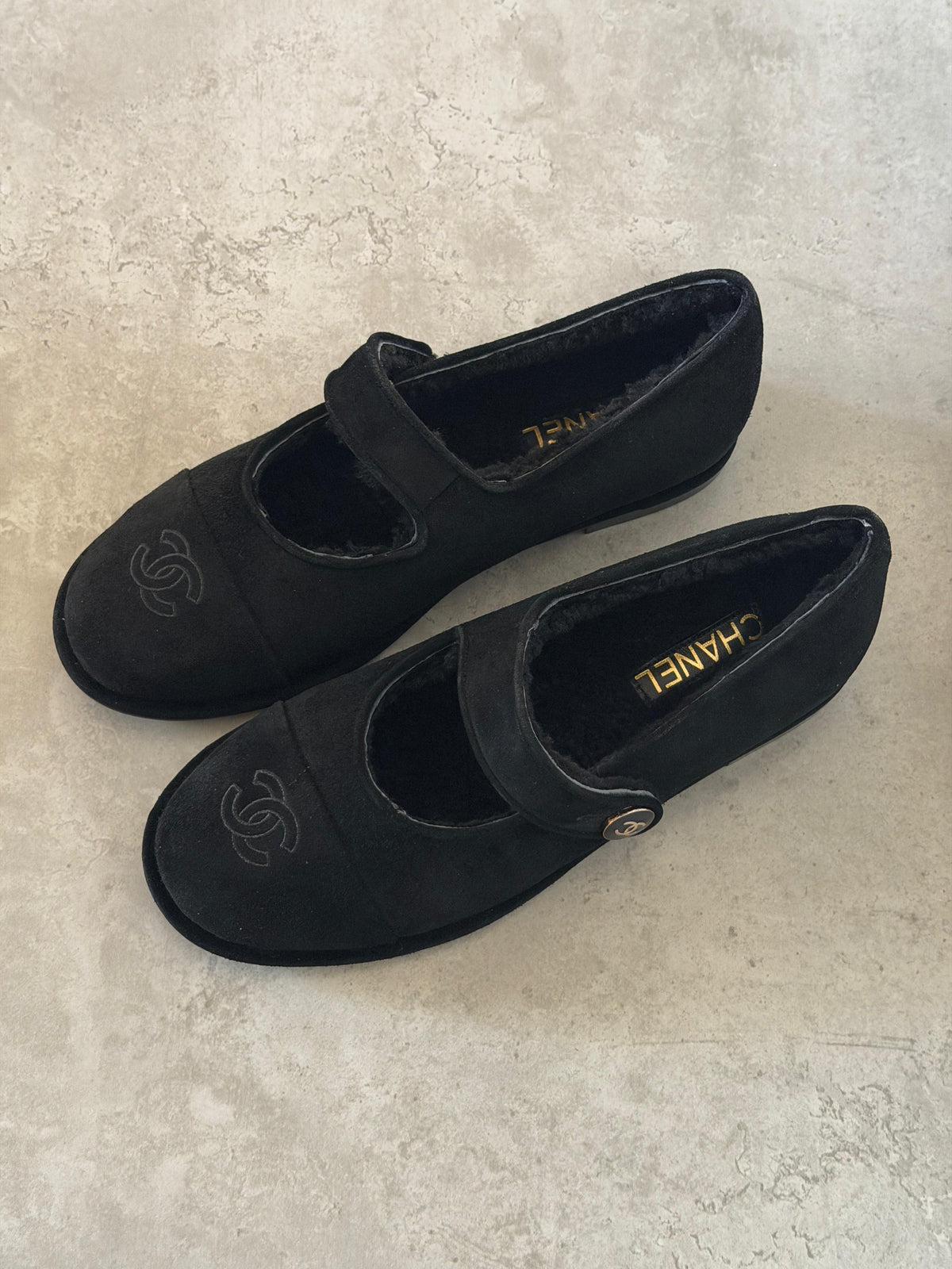Chanel Suede Shearling Mary Jane Flats
