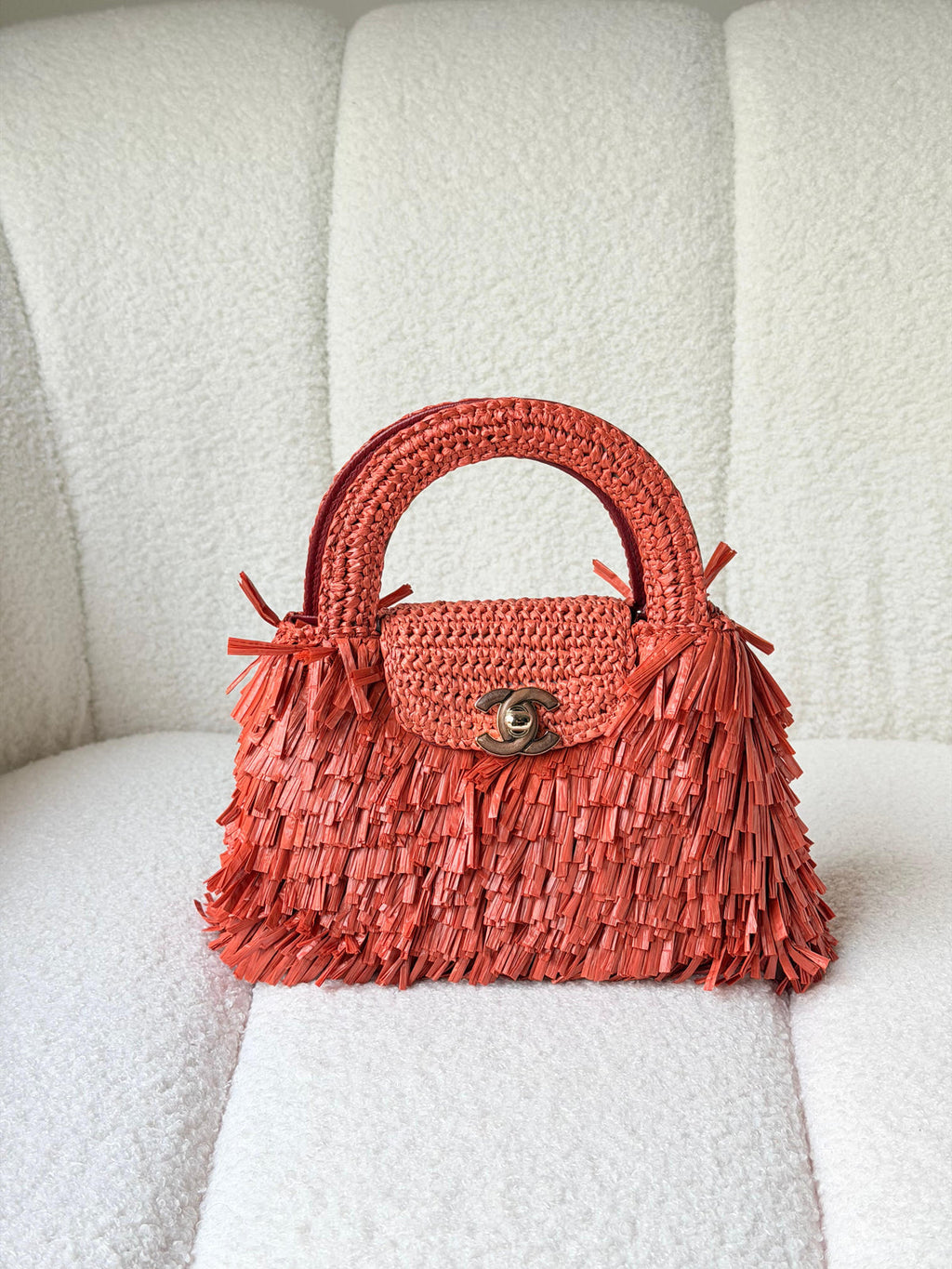 Chanel Raffia Fringe Nano Kelly Shopper Bag