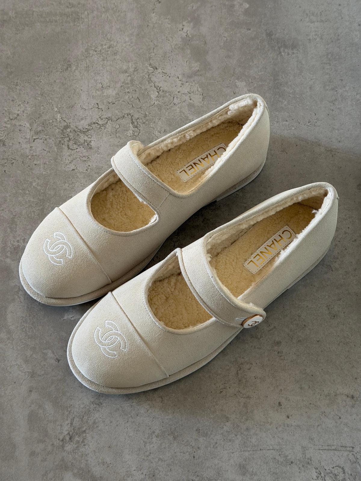 Chanel Suede Shearling Mary Jane Flats