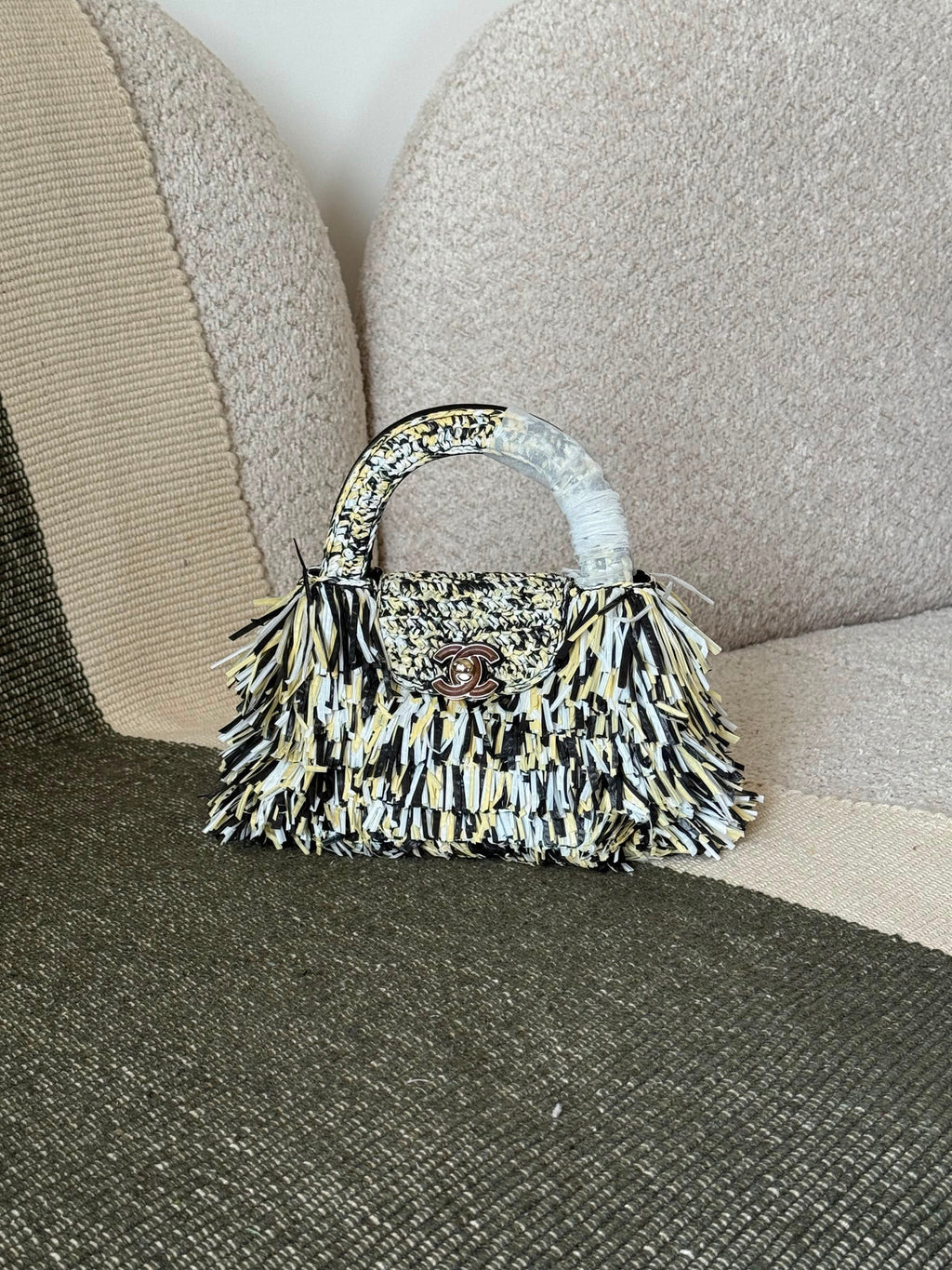 Chanel Raffia Fringe Nano Kelly Shopper Bag