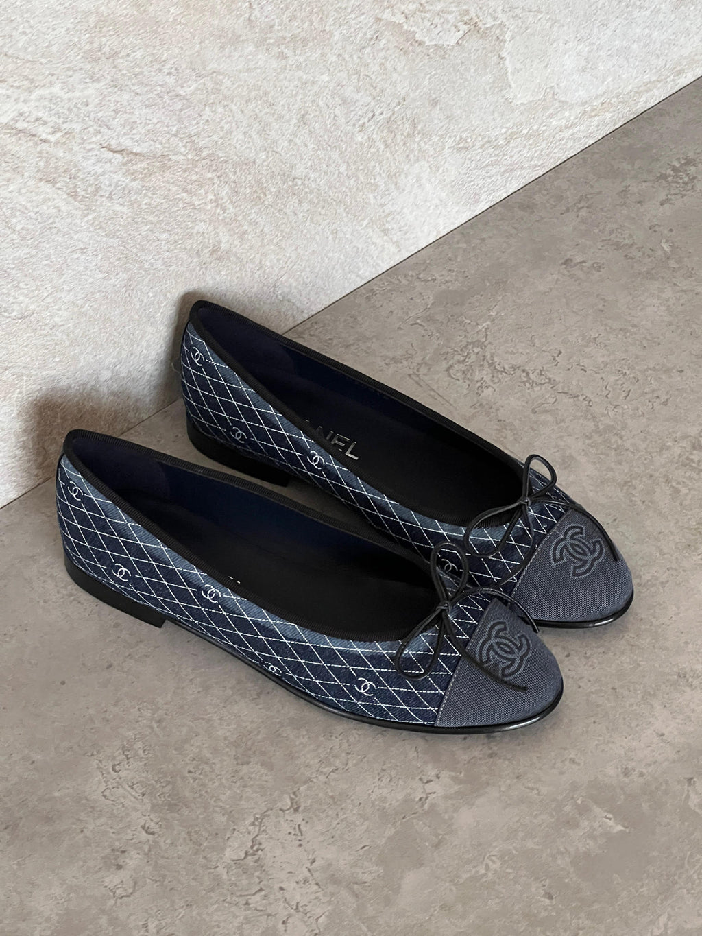 Chanel Denim Printed Quilt CC Cap Toe Ballerina Flat