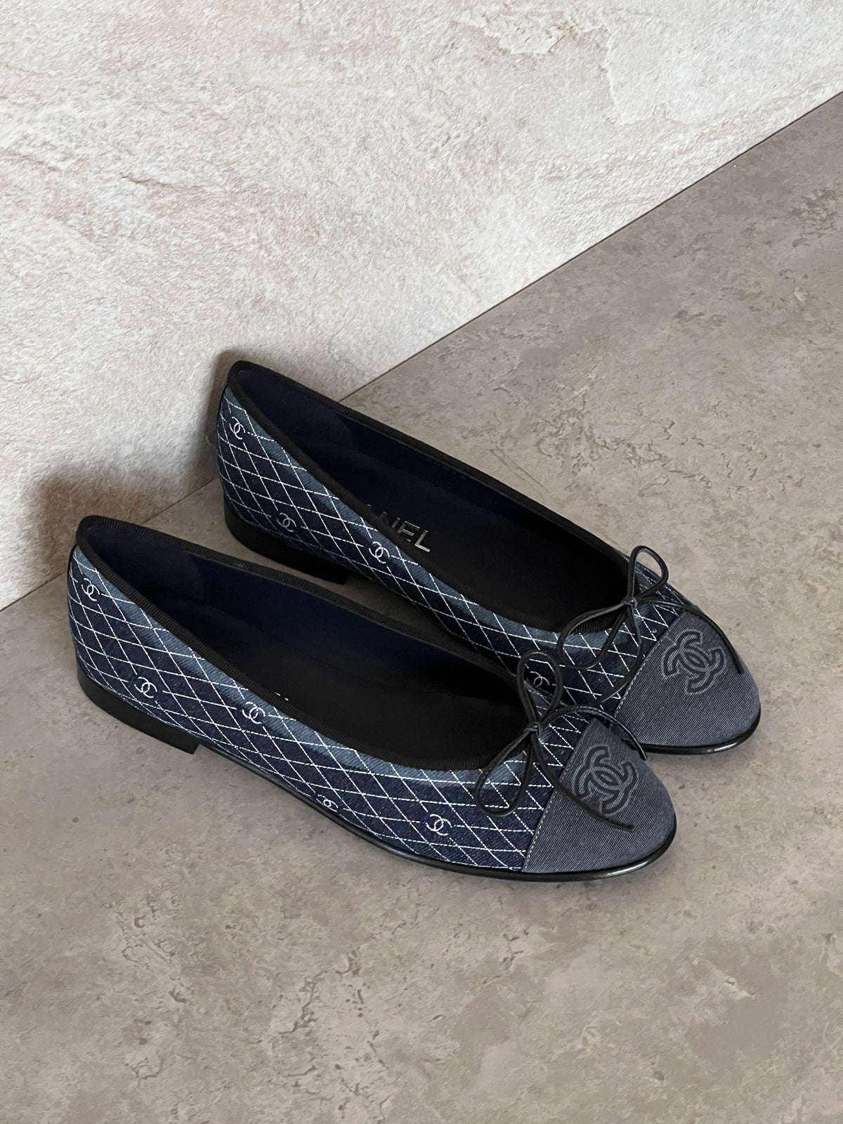 Chanel Denim Printed Quilt CC Cap Toe Ballerina Flat