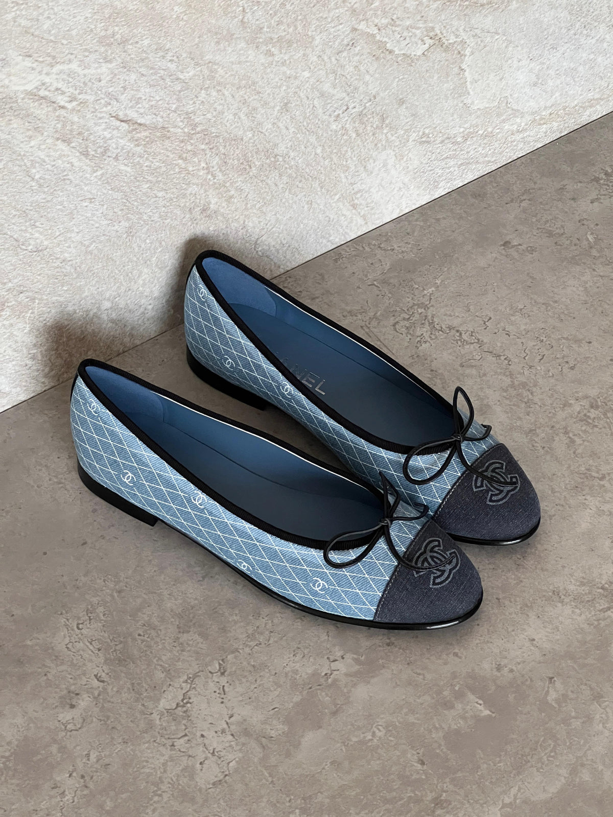 Chanel Denim Printed Quilt CC Cap Toe Ballerina Flat